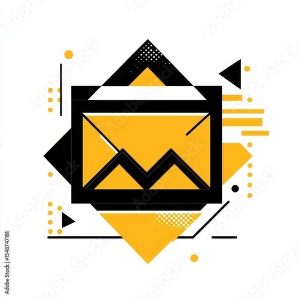 Fototapeta Abstract geometric design with a stylized envelope and dynamic shapes in black, yellow, and white colors