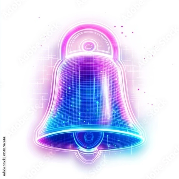 Fototapeta Neon bell with vibrant colors in digital art style, glowing illumination, futuristic design, holographic effect, bright background