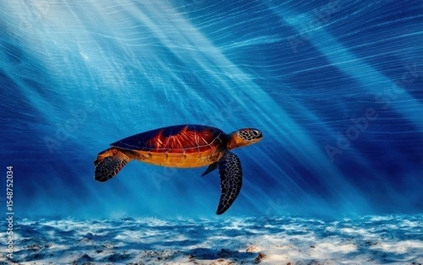 Obraz Underwater turtle bathed in sunlight