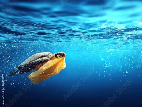 Obraz Underwater turtle caught in plastic