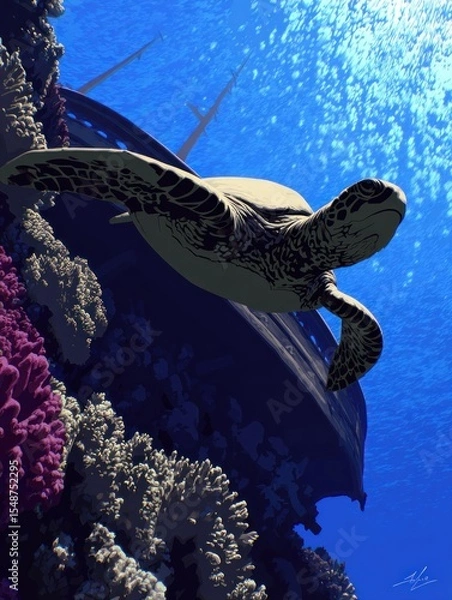 Obraz Underwater turtle near sunken ship
