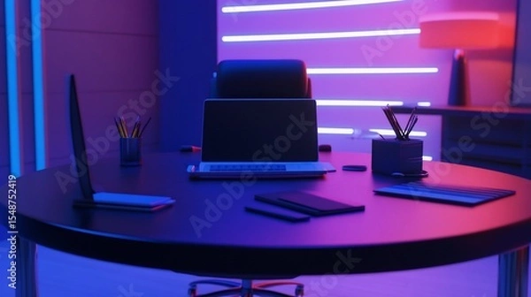 Obraz A sleek office desk with a laptop and accessories bathed in neon purple and blue light