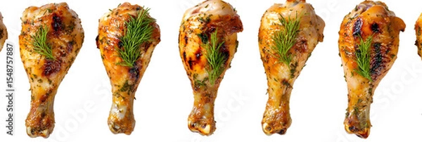 Fototapeta Perfectly roasted chicken drumsticks with fresh dill on a dark background display