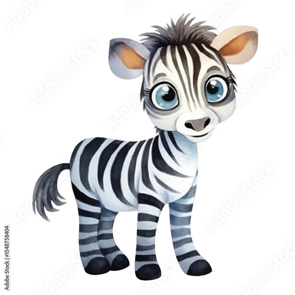 Fototapeta Watercolor Zebra Calf with Large Blue Eyes and Striped Pattern