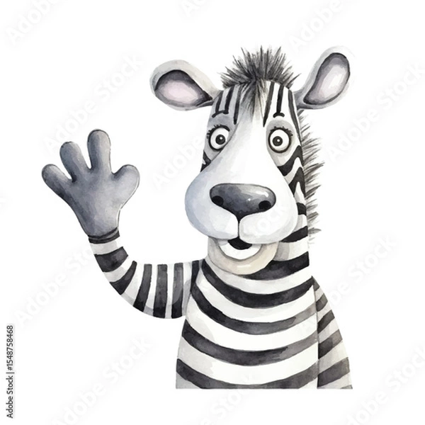 Fototapeta Watercolor Zebra Waving with a Friendly Expression and Striped Body
