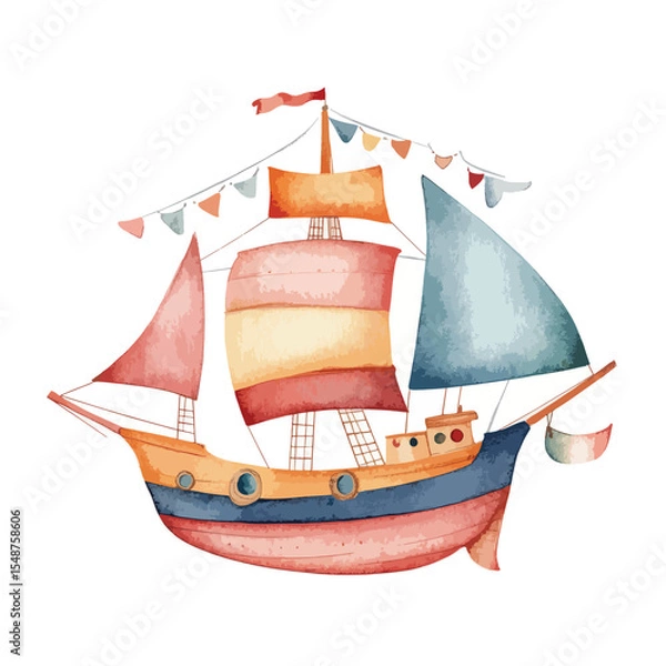 Fototapeta Whimsical Watercolor Pirate Ship with Colorful Sails and Decorative Pennants