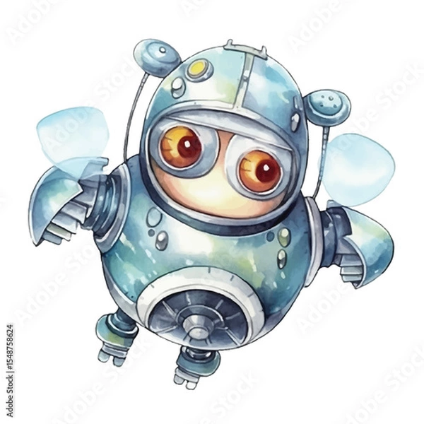 Fototapeta Whimsical Watercolor Robot with Translucent Wings