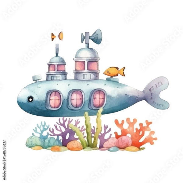 Fototapeta Whimsical Watercolor Submarine with Coral Reef and a Small Goldfish