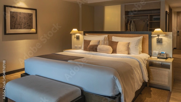 Fototapeta A double bed with white sheets and a beige bedspread. Pillows at the headboard. The couch. The phone is on the bedside table. The lamps are lit. The interior of a bedroom in a hotel. The suite.