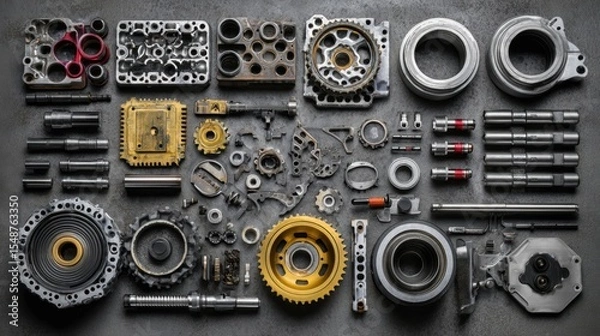 Fototapeta Flat composition of internal combustion engine parts laid on concrete grey background