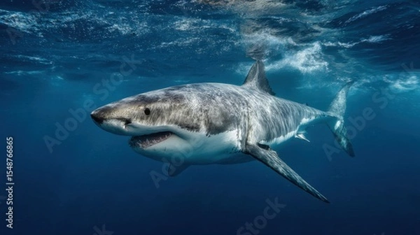 Fototapeta Great white shark swimming swiftly in deep blue ocean with jaws slightly open, scanning for prey