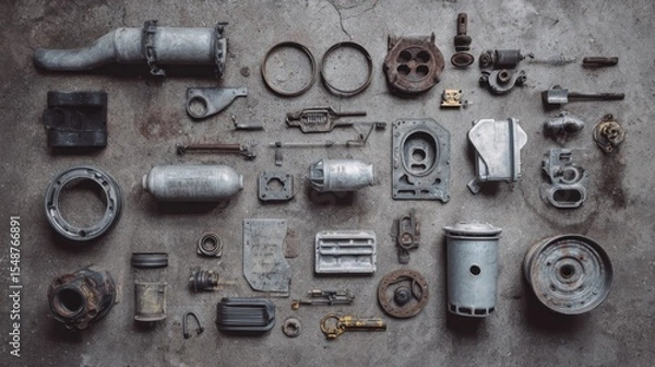 Fototapeta Grimy and clean engine parts mixed on top of industrial grey floor background