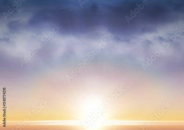 Fototapeta Sun is rising over calm water horizon in flat design, showing sky gradient with layered clouds