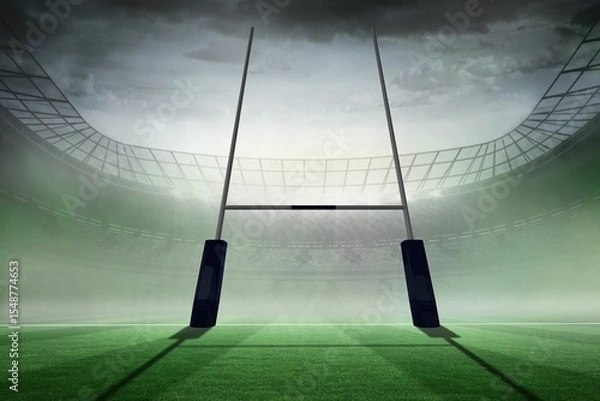 Fototapeta rugby goalpost is standing on green turf in flat design stadium, with misty stands and floodlights