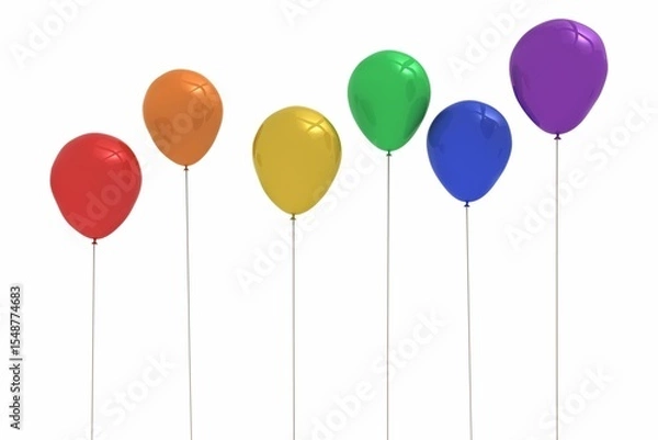 Fototapeta Six glossy latex balloons are floating in 3D render, showing rainbow colors, copy space