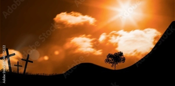 Obraz Cross religion symbol shape over sunset sky