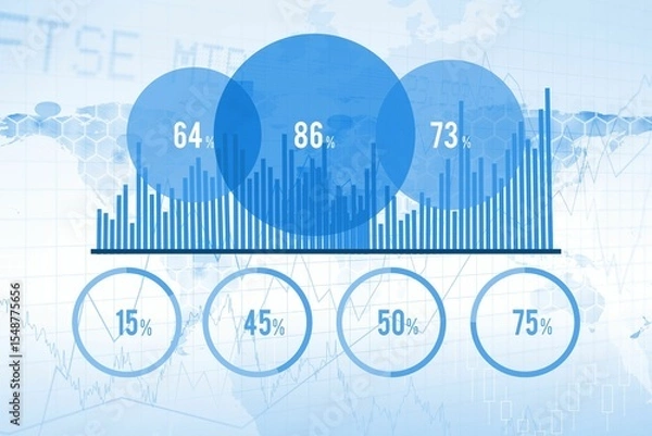 Fototapeta Flat design data infographic is showing overlapping blue circles, bars and rings on world map