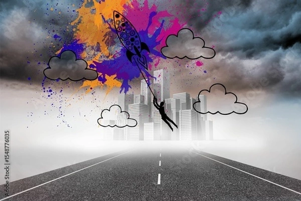 Fototapeta Rocket on splashes over cityscape on street