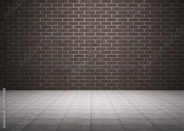 Fototapeta Empty flat design scene is showing continuous brown brick wall and light grey tiled floor