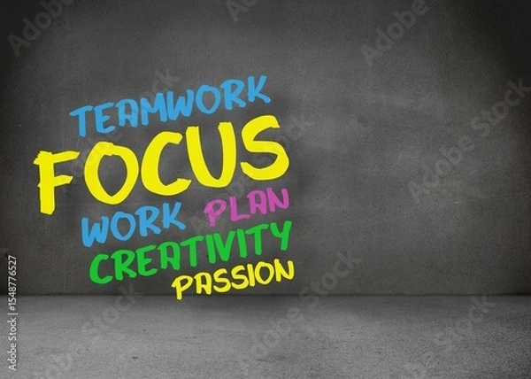 Obraz Colorful painted motivational words are appearing on bare grey concrete wall in flat design