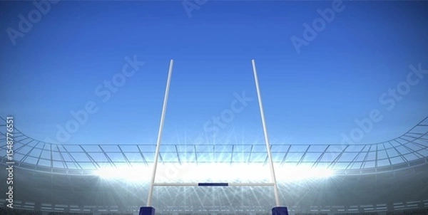 Fototapeta Showing flat design stadium scene with white goalposts, floodlights, empty seating and curved roof
