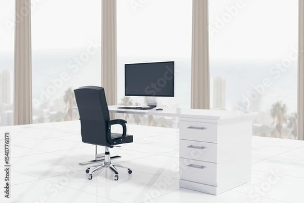 Obraz Flat design office is showing white desk with monitor and black swivel chair, with coastal view