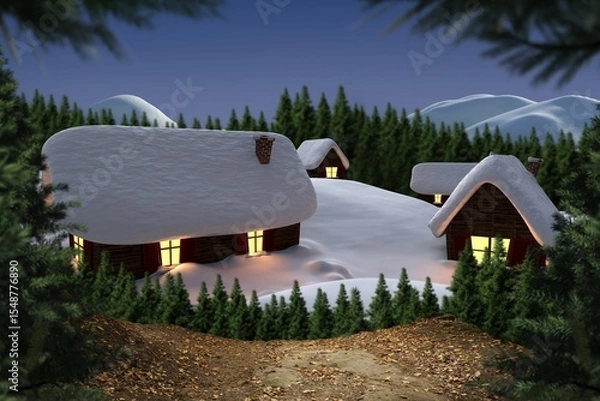 Fototapeta Digitally generated Cute village in the snow