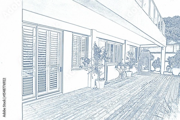 Fototapeta Pretty house with terrace, with a blue and white filter