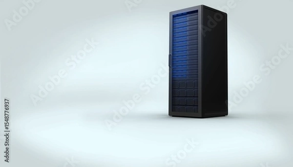 Obraz Black server tower is standing in flat minimal studio, with glowing blue LED panels, copy space