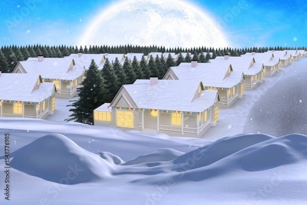 Fototapeta Flat design is showing snowy cabins with glowing windows under string lights and full moon