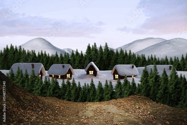 Fototapeta Digitally generated Cute village in the snow