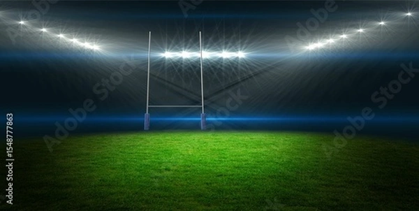 Fototapeta Flat design rugby goalposts with padded bases are standing on grassy pitch under bright floodlights
