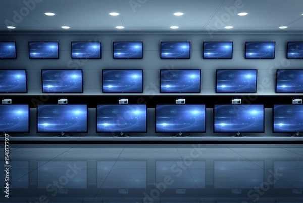 Obraz Flat design store is showing TVs with blue cosmic motif on shelves and price-tags under spotlights