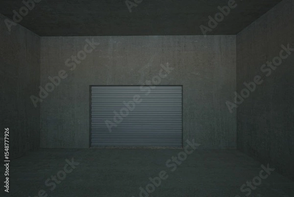 Obraz Closed corrugated roller shutter door is standing in concrete chamber with ambient light, 3D render