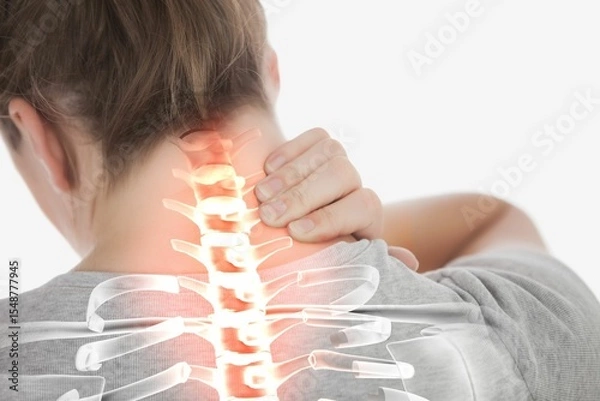 Obraz Highlighted spine of woman with neck pain
