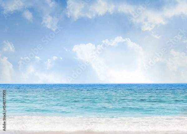 Fototapeta Flat design seascape is showing white sandy beach with turquoise waves under cumulus clouds