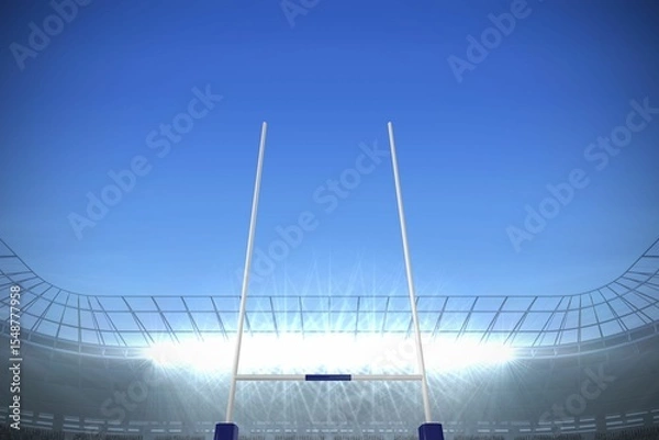 Fototapeta Metallic goalpost rising in flat design stadium, floodlights glowing over empty tiers and trusses