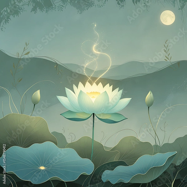 Fototapeta A serene and hopeful illustration depicting mental health care awareness, featuring a gentle, glowing light emanating from a delicate lotus flower at the center, symbolizing growth and renewal