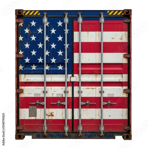 Fototapeta Front view of a weathered shipping container door painted with the american flag, symbolizing global trade, logistics, and us economic influence.