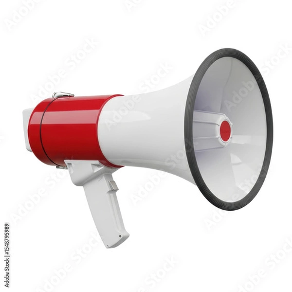 Fototapeta Red and white megaphone used for amplifying voice. Great for announcements, protests, and sporting events.