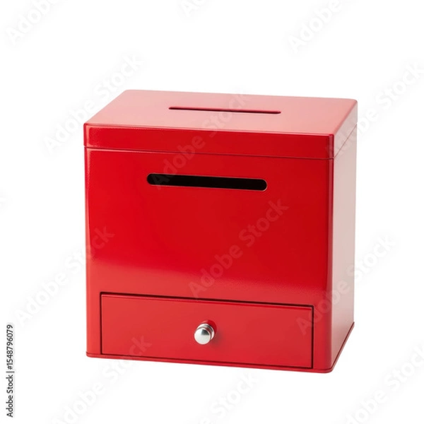 Fototapeta A red donation box with a slot on top and a drawer at the bottom. Ideal for fundraising, charities, or collecting suggestions.
