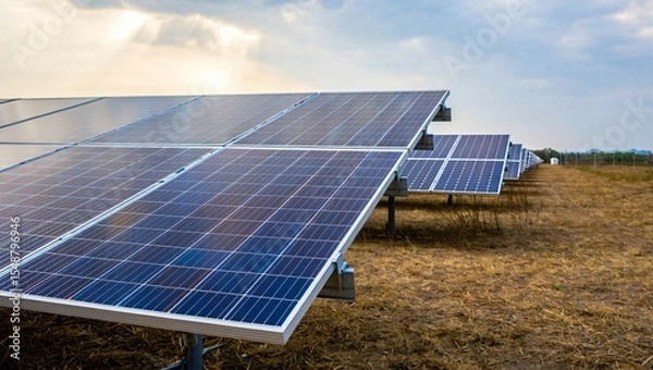 Fototapeta Large array of solar panels installed on dry farmland under open sky, capturing clean, renewable energy for sustainable power production and environmental conservation.