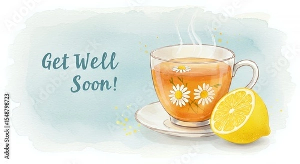 Fototapeta Watercolor Get Well Soon Card with Chamomile Tea and Lemon