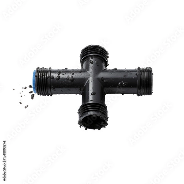 Fototapeta Black PVC cross fitting with water droplets and dirt on white background  
