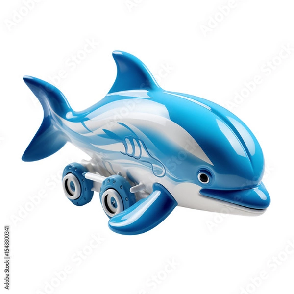 Fototapeta Toy dolphin on wheels in blue color for children's playtime  