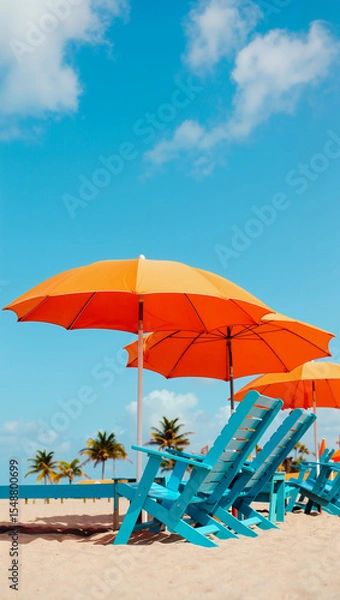 Obraz Colorful umbrellas shade teal blue beach chairs on a sandy shore. Palms sway gently in the breeze, creating a relaxing atmosphere under a clear summer sky. Generative AI.