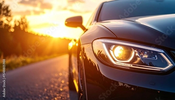 Fototapeta Close-up shows a sleek car headlight gleaming brightly at sunset, capturing luxury and modern design