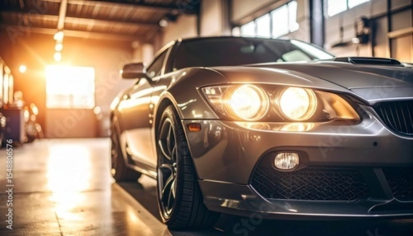 Fototapeta Retro-inspired sports car in a dimly lit garage; headlights illuminate with a vintage color grading.