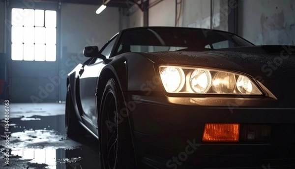 Fototapeta Retro sports car with illuminated headlights parked in a vintage garage setting, evoking nostalgia.
