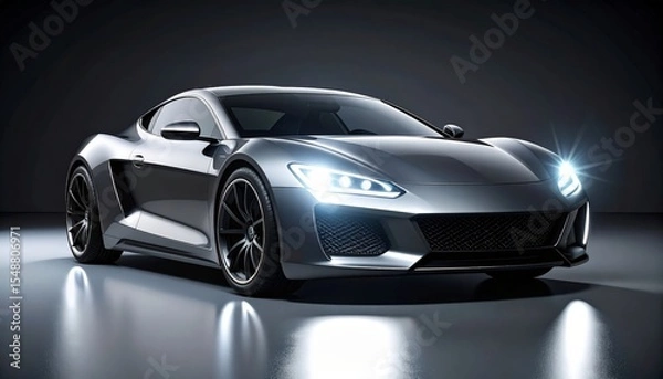 Fototapeta Sleek futuristic sports car design with bright glowing LED headlights on minimal backdrop style.